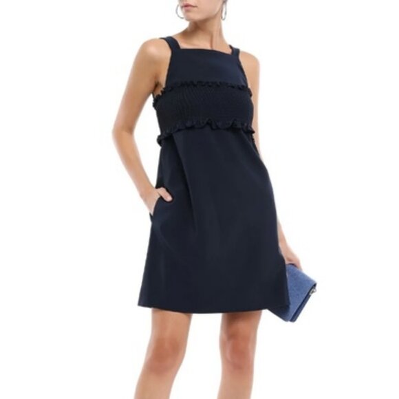 Anthropologie Tibi Ruffle Trimmed Cady Mini Dress Ruched Corset Pinafore Pockets - Picture 4 of 13